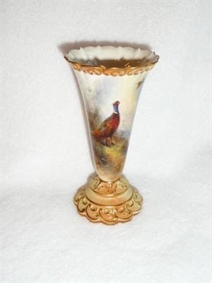 Lot 75 - A Royal Worcester Porcelain Pheasant Painted Trumpet Vase, James Stinton, 1909, painted with a cock