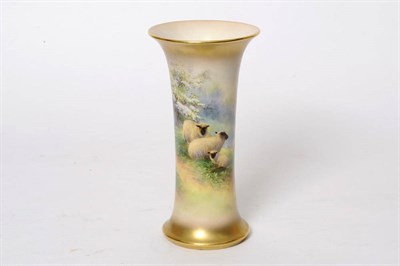 Lot 77 - A Royal Worcester Porcelain Sheep Painted Trumpet Vase, Harry Davis, 1934, painted with two...