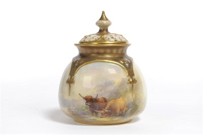 Lot 78 - A Royal Worcester Porcelain Highland Cattle Painted Small Pot Pourri Vase and Cover, Harry Stinton