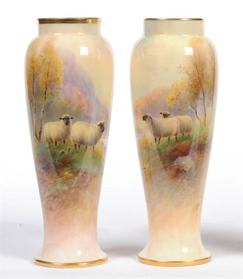 Lot 81 - A Pair of Royal Worcester Porcelain Sheep Painted Vases, Harry Davis, 1925, each of slender...