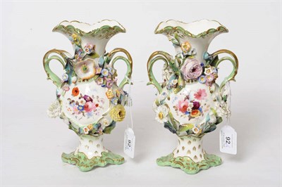 Lot 92 - A Pair of English Encrusted Porcelain Two-Handled Vases, circa 1840, of pedestal baluster...