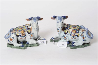 Lot 125 - A Pair of Delft Polychrome Models of Recumbent Cattle, late 19th/early 20th century, each...