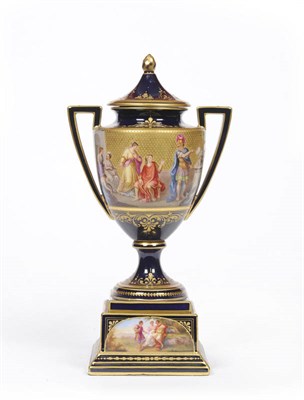 Lot 128 - A German "Vienna" Porcelain Pedestal Two-Handled Neo-Classical Vase and Cover, circa 1900, with...