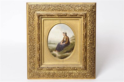 Lot 131 - A Continental Painted Porcelain Oval Plaque "The Expected Sail", circa 1885, painted with a...