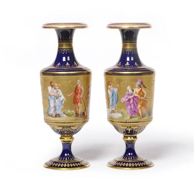 Lot 132 - A Pair of Continental "Vienna" Pedestal Vases, circa 1880, with trumpet necks, tapering cylindrical