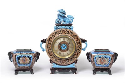 Lot 133 - A French Faience Chinoiserie Clock Garniture, J Vieillard & Co, Bordeaux, circa 1880, the drum...