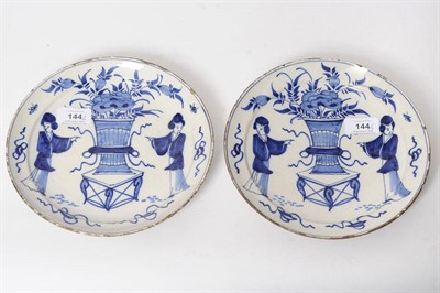 Lot 144 - A Pair of Dutch Blue and White Delftware Pancake Plates, circa 1750, each painted with a pair...