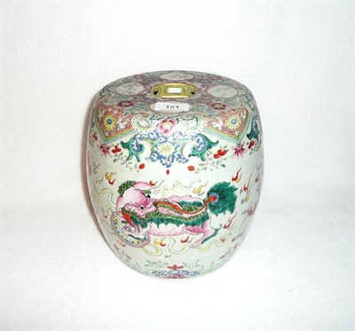 Lot 151 - A Chinese Famille Rose Porcelain Small Barrel Seat, 19th century, of typical shape with cash...