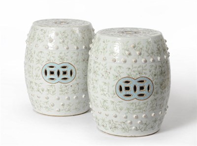 Lot 153 - A Pair of Chinese Porcelain Small Garden Seat Barrels, circa 1880, with upper and lower...