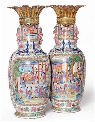 Lot 155 - A Pair of Cantonese Famille Rose Porcelain Large Baluster Vases, with European Ormolu Mounts, circa