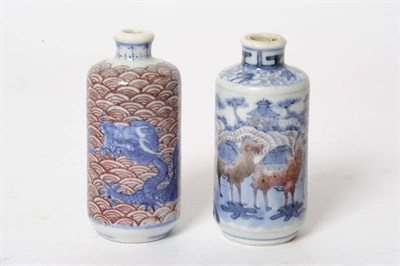 Lot 168 - A Blue and White Porcelain Snuff Bottle, circa 1830-1880, painted with a continuous frieze of three