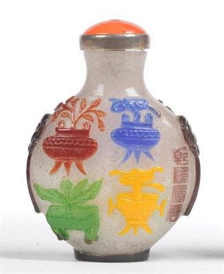 Lot 185 - A Five Colour Glass Overlay Snuff Bottle, late 19th/early 20th century, carved in relief on...