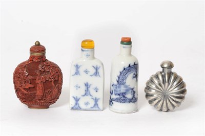 Lot 191 - A Group of Four Chinese Snuff Bottles, 19th/20th century, comprising two blue and white...