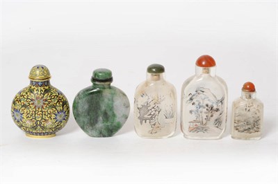 Lot 200 - A Chinese Yellow Ground Cloisonne Snuff Bottle, 19th century, of flattened bag shape, worked with a