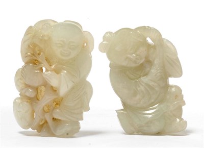 Lot 205 - A Chinese Celadon Jade Carving of a Boy, Qing Dynasty, 18th/19th century, carved standing holding a