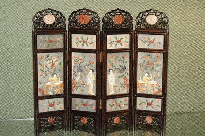 Lot 210 - A Chinese Carved Ivory, Pietra Dura Mounted and Wood Framed Four-fold Table Screen, circa 1920,...