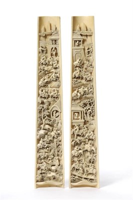 Lot 214 - A Pair of Chinese Carved Ivory Wrist Rests, 2nd half of 19th century, each representing Day and...