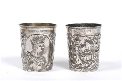 Lot 231 - Two German Silver Beakers, various marks, circa 1680-1700, both cylindrical with foliate chased...