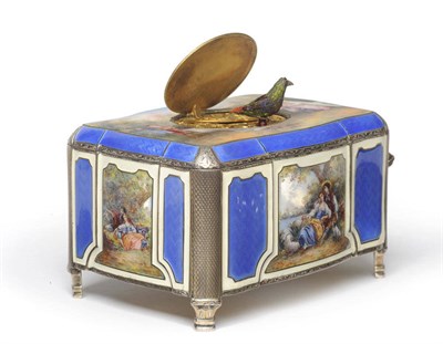 Lot 319 - A Swiss Silver and Enamelled Singing Bird Box, London import marks for HCF Ld, London 1928, of...