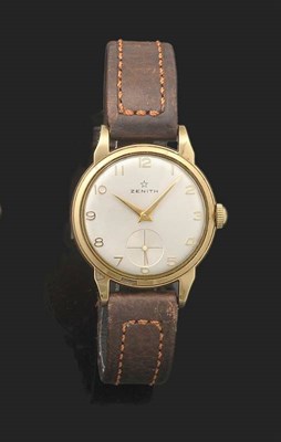 Lot 328 - A 9ct Gold Wristwatch, signed Zenith, 1961, 17-jewel lever movement with dust cover, silvered...