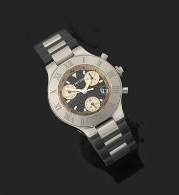 Lot 337 - A Stainless Steel Calendar Chronograph Wristwatch, signed Cartier, model:Chronoscaph 21, circa...