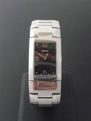 Lot 369 - A Lady's Stainless Steel quartz Wristwatch, signed Versace, circa 2005, quartz movement, black...