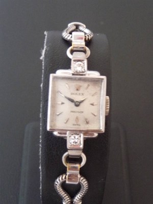 Lot 370 - A Lady's White Gold Diamond Set Wristwatch, signed Rolex, Precision, circa 1965, 17-jewel lever...