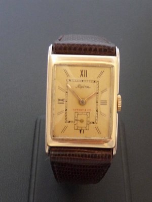 Lot 372 - A 14ct Two Colour Gold Rectangular Wristwatch, signed Alpina, retailed by Tiffany & Co, circa 1945