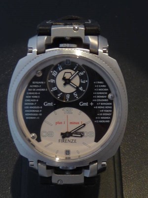 Lot 375 - A Stainless Steel Dual Time Zone Calendar Wristwatch, signed Anonimo, Firenze, GMT, circa 2009, two