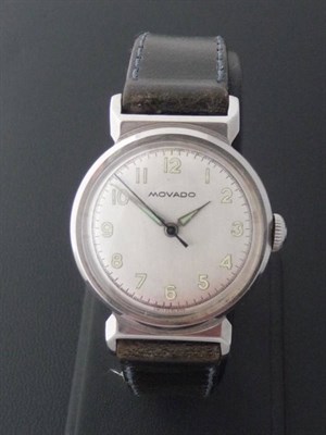 Lot 389 - A Stainless Steel Centre Seconds Wristwatch, signed Movado, circa 1945, 17-jewel lever...