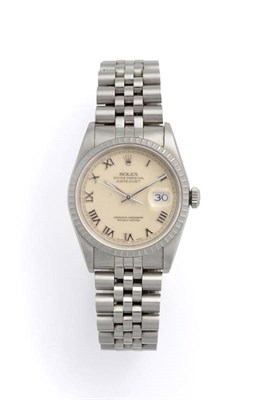 Lot 395 - A Stainless Steel Automatic Calendar Centre Seconds Wristwatch, signed Rolex, Oyster Perpetual,...