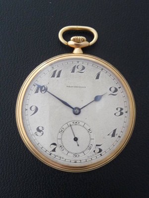 Lot 405 - An 18ct Gold Open Faced Pocket Watch, retailed by Bravingtons, 1926, nickel finished lever...