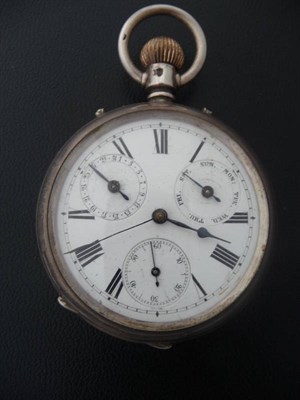 Lot 408 - A Silver Open Faced Calendar Keyless Lever Pocket Watch, 1882, bimetallic balance with blued...