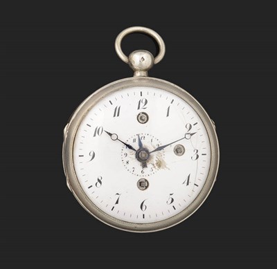 Lot 418 - A Continental White Metal Open Faced Alarm Verge Pocket Watch, circa 1820, gilt fusee verge...