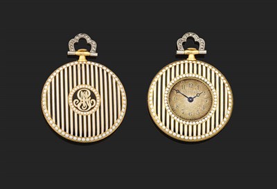 Lot 419 - A Rare Enamel and Diamond Set Fob Watch, signed Cartier, circa 1930, frosted gilt finished...