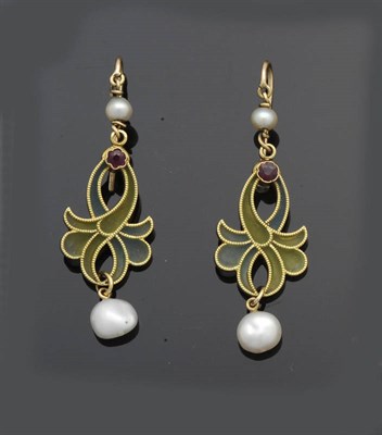 Lot 430 - A Pair of Plique a Jour, Ruby and Pearl Drop Earrings, a pearl suspends a green and blue plique...