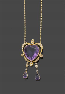 Lot 431 - An Edwardian Amethyst and Seed Pearl Pendant and Chain, a heart shaped amethyst within a seed pearl