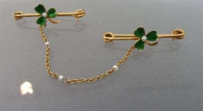 Lot 440 - A Pair of Chain Linked Shamrock Brooches, each brooch with a green enamelled shamrock...