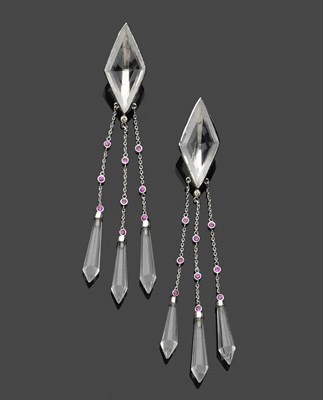 Lot 459 - A Pair of Rock Crystal Drop Earrings, a diamond set rock crystal suspends three chains with...