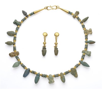 Lot 467 - A Gold and Faience Demi-Parure of Archaeological Design, comprising a pair of earrings of...