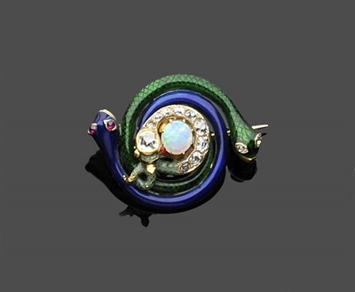 Lot 474 - An Opal, Diamond and Enamel Snake Brooch, a blue enamelled snake with ruby set eyes, a green...