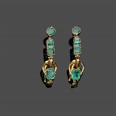 Lot 477 - A Pair of Ape Motif Emerald Drop Earrings, the round and step cut emeralds in rubover settings with