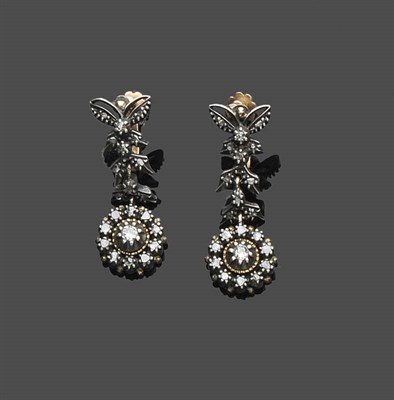 Lot 478 - A Pair of Antique Diamond Drop Earrings, leaf motifs set with rose cut diamonds suspend a...