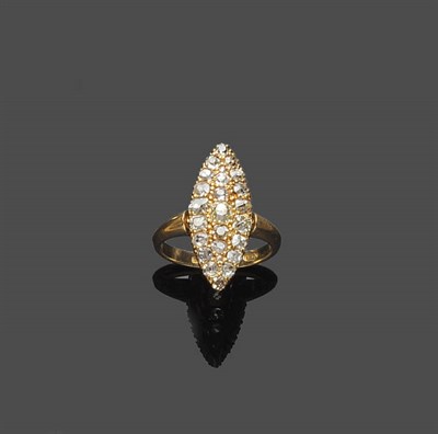 Lot 485 - An 18 Carat Gold Marquise Cluster Diamond Ring, the old cut diamonds arranged in claw settings,...