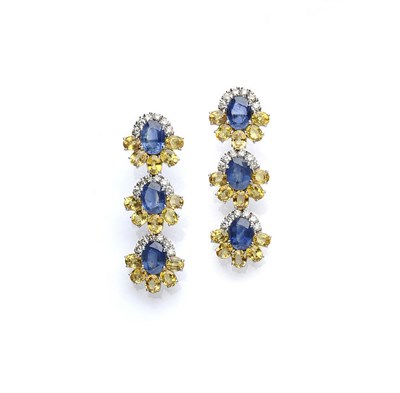 Lot 512 - A Pair of 18 Carat White Gold Blue and Yellow Sapphire and Diamond Drop Earrings, each earring...