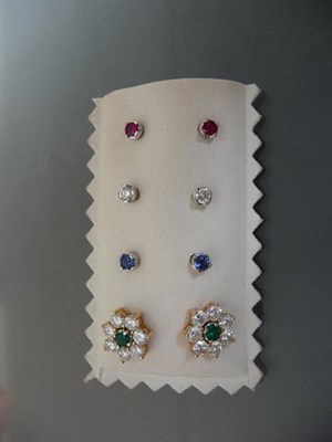 Lot 513 - A Set of Interchangeable Gemstone Earrings, four pairs of solitaire studs; diamond, ruby,...