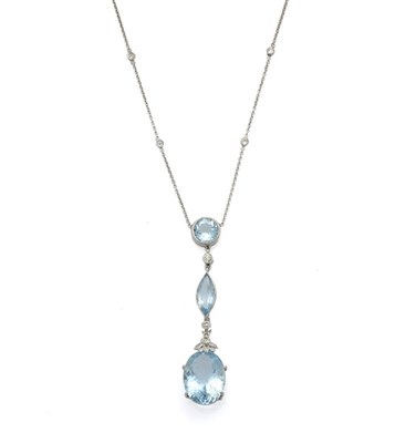 Lot 526 - An Aquamarine and Diamond Necklace, the pendant comprises a chain linked round cut, a marquise...