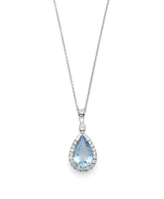 Lot 527 - An 18 Carat White Gold Aquamarine and Diamond Pendant on Chain, the pendant comprising a pear...