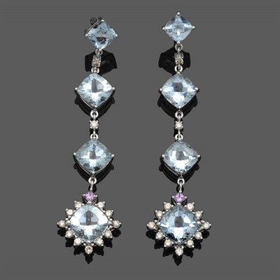 Lot 537 - A Pair of Aquamarine, Diamond and Pink Sapphire Drop Earrings, three cushion shaped aquamarines...