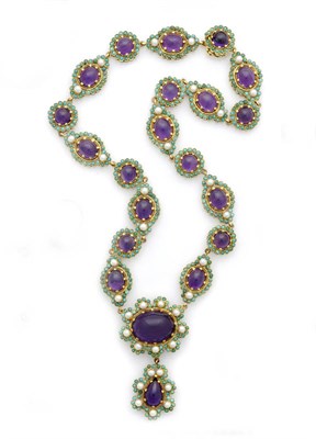 Lot 570 - An Amethyst, Turquoise and Seed Pearl Necklace, clusters of round cabochon amethysts within...